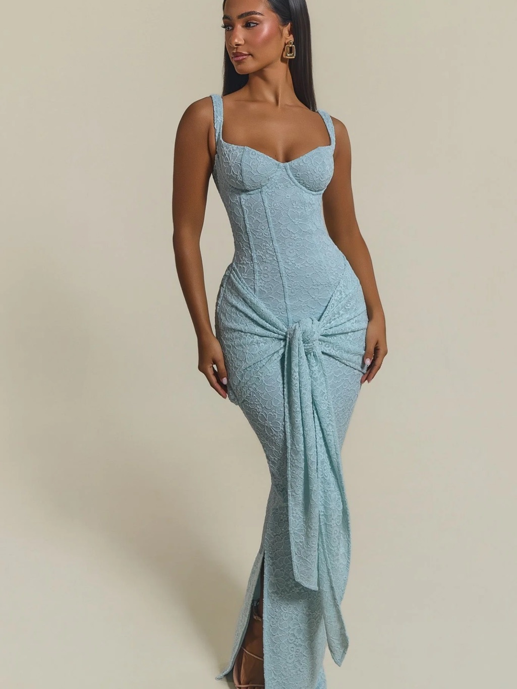 Light Blue Lace Maxi Dress With Front Tie